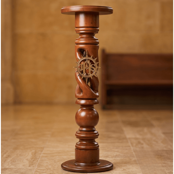 Base de madera con aplique JHS para cirios y velones litúrgicos